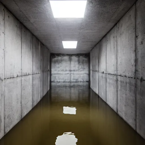 Prompt: underground flooded concrete structure, minimalist architecture, surreal, liminal space, angled walls, high ceiling,