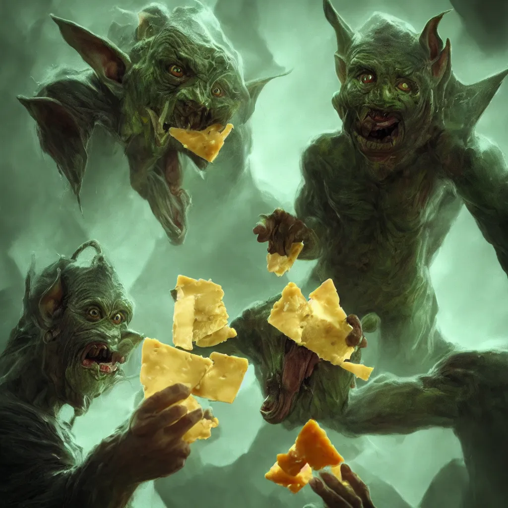 Image similar to Photorealistic fantasy portrait of one single D&D goblin holding a triangle of Swiss Cheese. Ominous green mist in the background. Magical occult photorealism, UHD, amazing depth, glowing, golden ratio, 3D octane cycle unreal engine 5, volumetric lighting, cinematic lighting, cgstation artstation concept art