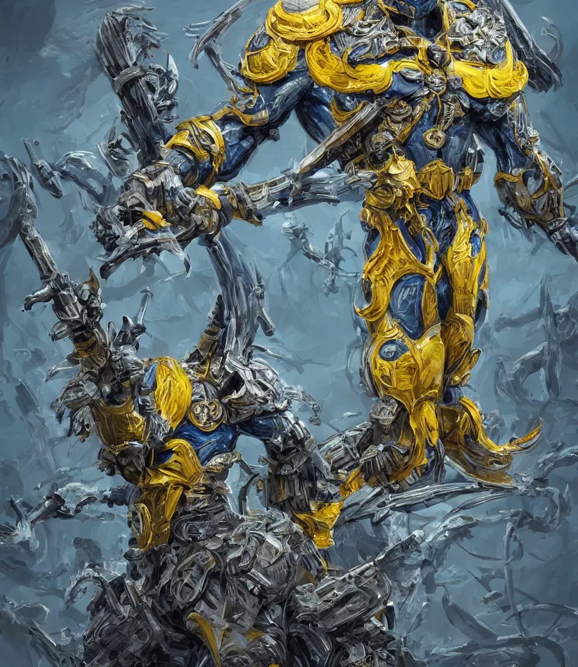 Image similar to a distant shot of one!!!!! single super soldier with blue and yellow flag and a trident symbol standing alone on a huge pile of skulls as a winner, masculine figure, D&D, fantasy, intricate, elegant, highly detailed, extremely detailed, digital painting, artstation, concept art, matte, smooth, sharp focus, illustration, art by Artgerm and Greg Rutkowski and Alphonse Mucha