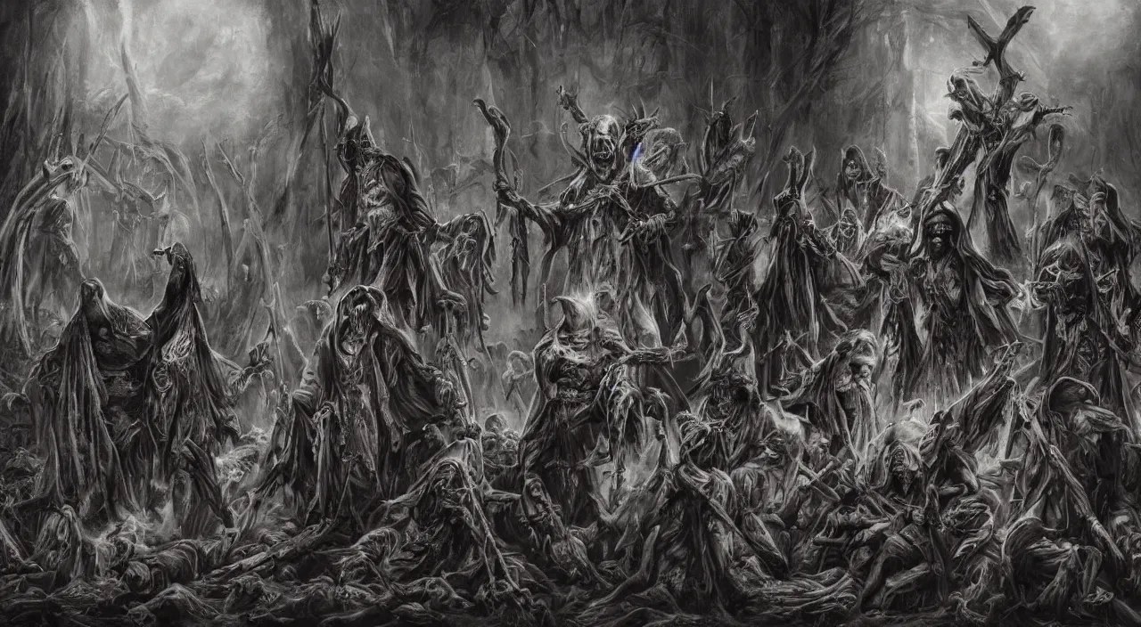 Image similar to grim painting of evil occult ritual with hooded cult members, folklore, demonic shrine, ultra realistic, concept art, intricate details, eerie highly detailed