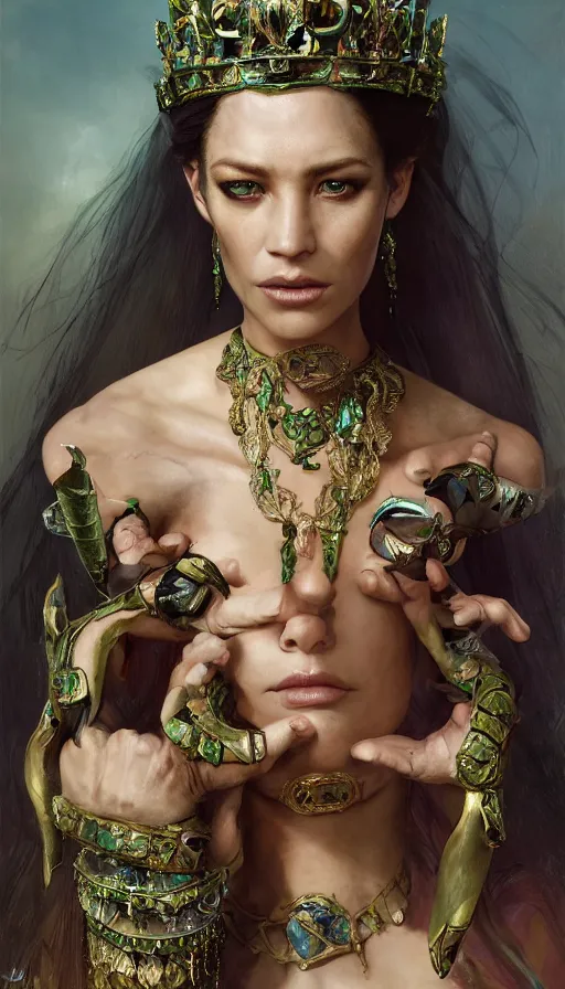 Image similar to epic masterpiece portrait of a queen with a goblet, on the battlefield, tribe makeup and jewelry, sweaty skin, hyperrealistic, octane render, cinematic, followed by heads with many faces, beautiful face and flawless skin, perfect hands, emeralds by Edgar Maxence and Ross Tran and Michael Whelan, Legends of Runeterra