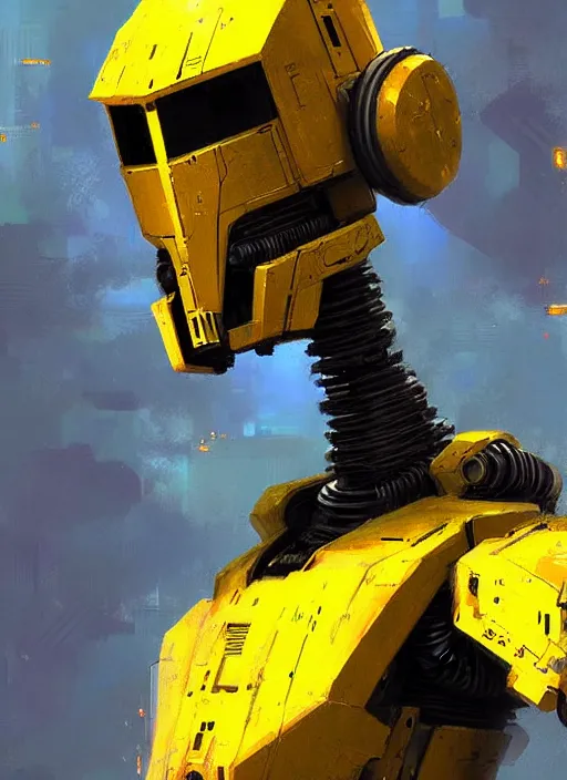 Image similar to tall strong intricate yellow pit droid, painterly mecha, by Greg Rutkowski