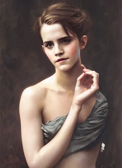 Image similar to oil painting of emma watson giving biting her lip seductive look. beautiful detailed face. by artgerm and greg rutkowski and alphonse mucha