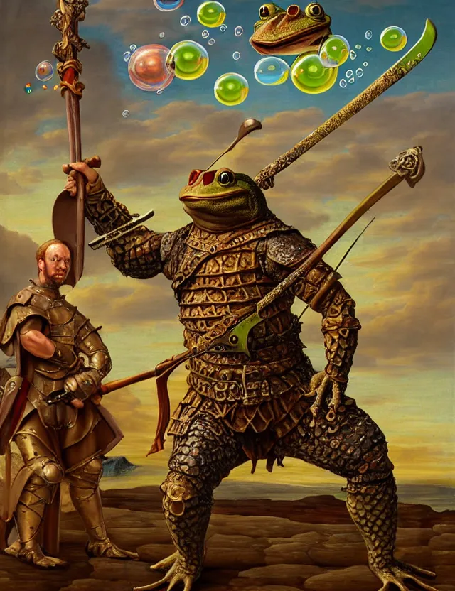 Prompt: anthropomorphic bipedal frog that is dressed as a medieval barbarian, and wielding a club weapon, as a renaissance oil painting and d & d character art, by alex grey, standing, fullbody, floating bubbles, enlightenment, mystic, concept art, award - winning, extremely detailed, sharp focus