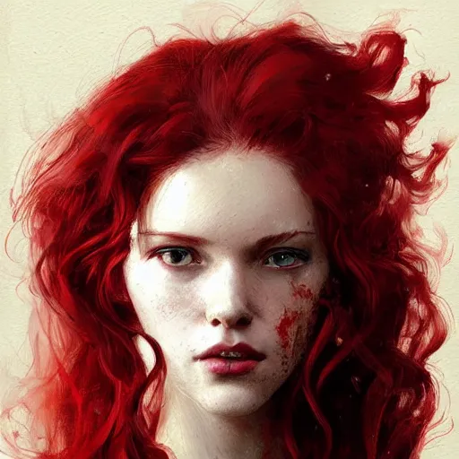 Prompt: Red-haired woman with long curly red hair. Art by Greg Rutkowski.