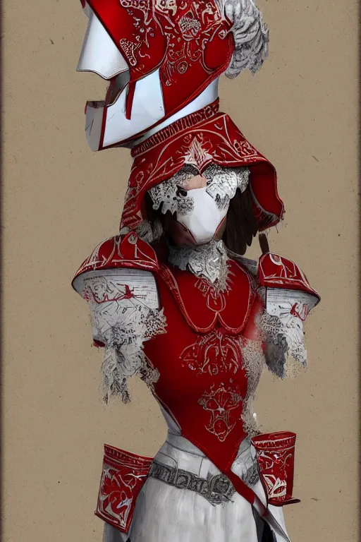 Image similar to female adventurer in tight full - body white embroidered leather armor of vyshyvanka design with red accents and a red porcelain crow mask, trending in artstation, ukrainian, establishing shot