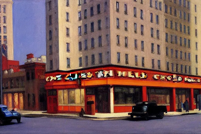 Image similar to the chelsea hotel, painting by edward hopper and eric fischl and robert mcginnis