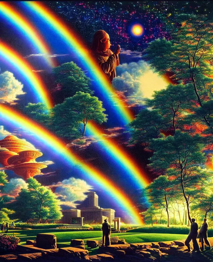 Prompt: a beautiful future for humanity, spiritual evolution, science, divinity, utopian, heaven on earth, gardens, gazebos of light, rainbows, by david a. hardy, wpa, public works mural, socialist