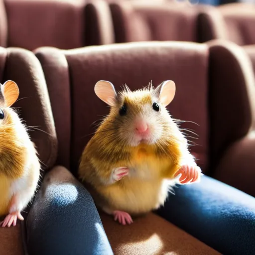 Image similar to photo of two hamsters, holding paws, on a cinema seat, various poses, unedited, dim light, sharp focus, 8 k
