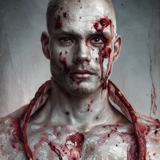 Image similar to portrait painting of a bloodied male butcher, ultra realistic, concept art, intricate details, eerie, highly detailed, photorealistic, octane render, 8 k, unreal engine. art by artgerm and greg rutkowski and alphonse mucha