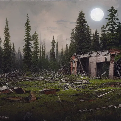 Prompt: a ivan shishkin and simon stalenhag photo of a ruined building under an enormous robot, the sky is cloudy. the moon is full.