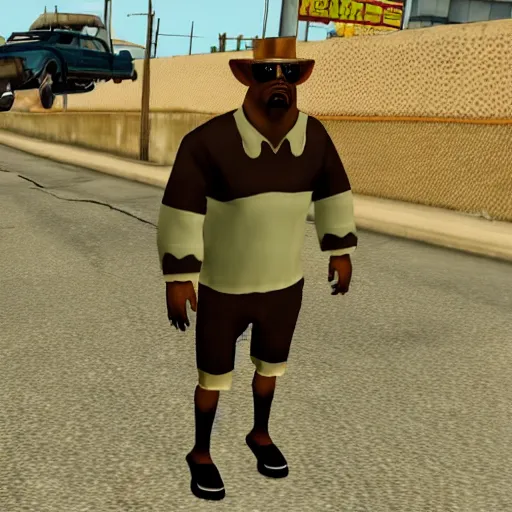 Prompt: a man that looks like a cow, as a character in gta san andreas, screenshot