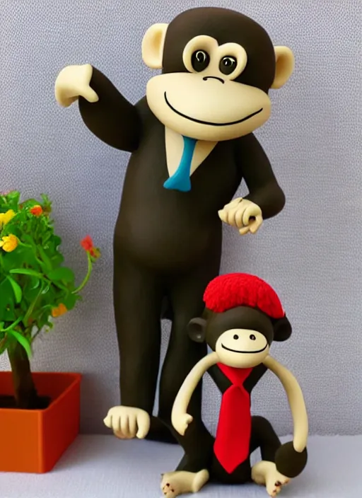 Image similar to monkey cartoon character with tie, 3 d clay figure, kawaii