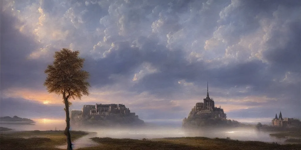 Prompt: masterpiece oil painting portraying mont saint michel in the style of romanticism landscape painters with a tree on the foreground,beautiful,misty,night sky,evocative,reflection in the water,photorealistic,chiaroscuro,soft lighting
