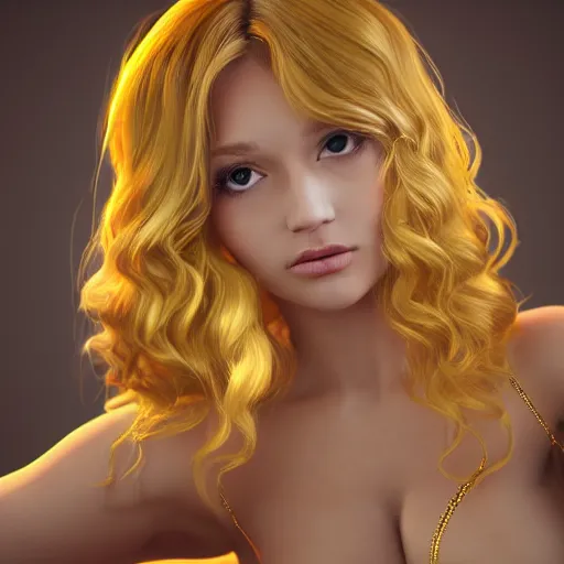 Prompt: photorealistic girl with gold wavy hair and large bewbs