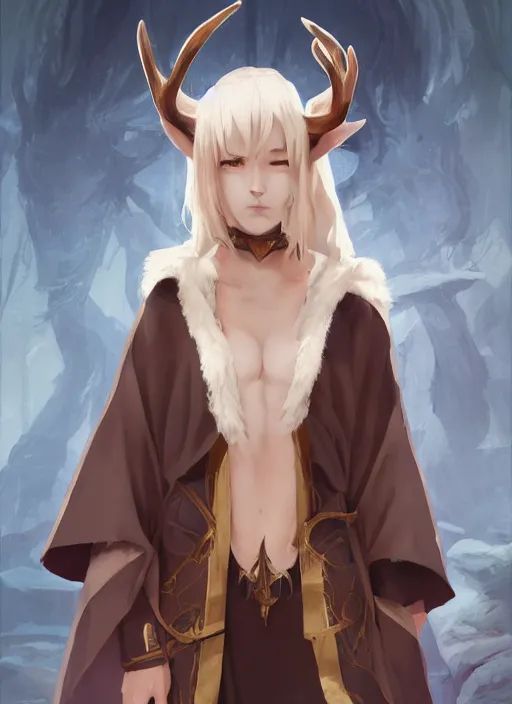 Prompt: concept art painting of a fully clothed person with brown skin and short white hair, demon horns, deer ears, blue tunic and robes, detailed, d & d style, cel shaded, in the style of ruan jia and artgerm and makoto shinkai and james gurney