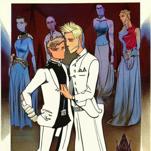 Image similar to heroic square - jawed emotionless serious blonde butch woman starship engineer, tribal tattoos, handsome, short slicked - back hair, sweating, wearing white and gold satin victorian gown at formal dinner, looking distracted, awkward, mike mignogna, david mack