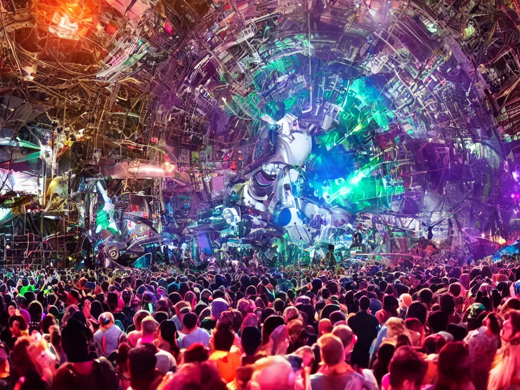 Image similar to a cyborg dj is playing a vast array of highly evolved musical technology on a stage surrounded by an incredible and complex circular robotic structure playing highly evolved music overlooking a crowd at a forest festival lit by fire