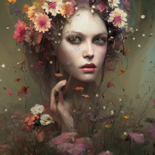 Image similar to painting of a pale girl dressed with flowers, illustration, artistic, colorful, hyper detailed, in the style of Greg Rutkowski,