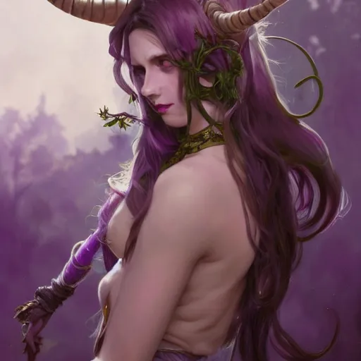 Image similar to cute Whimsical Tiefling Druid with cute horns and long purple hair,silver eyes, light-brown skin, D&D, fantasy, portrait, highly detailed, digital painting, artstation, concept art, sharp focus, illustration, art by greg rutkowski and alphonse mucha