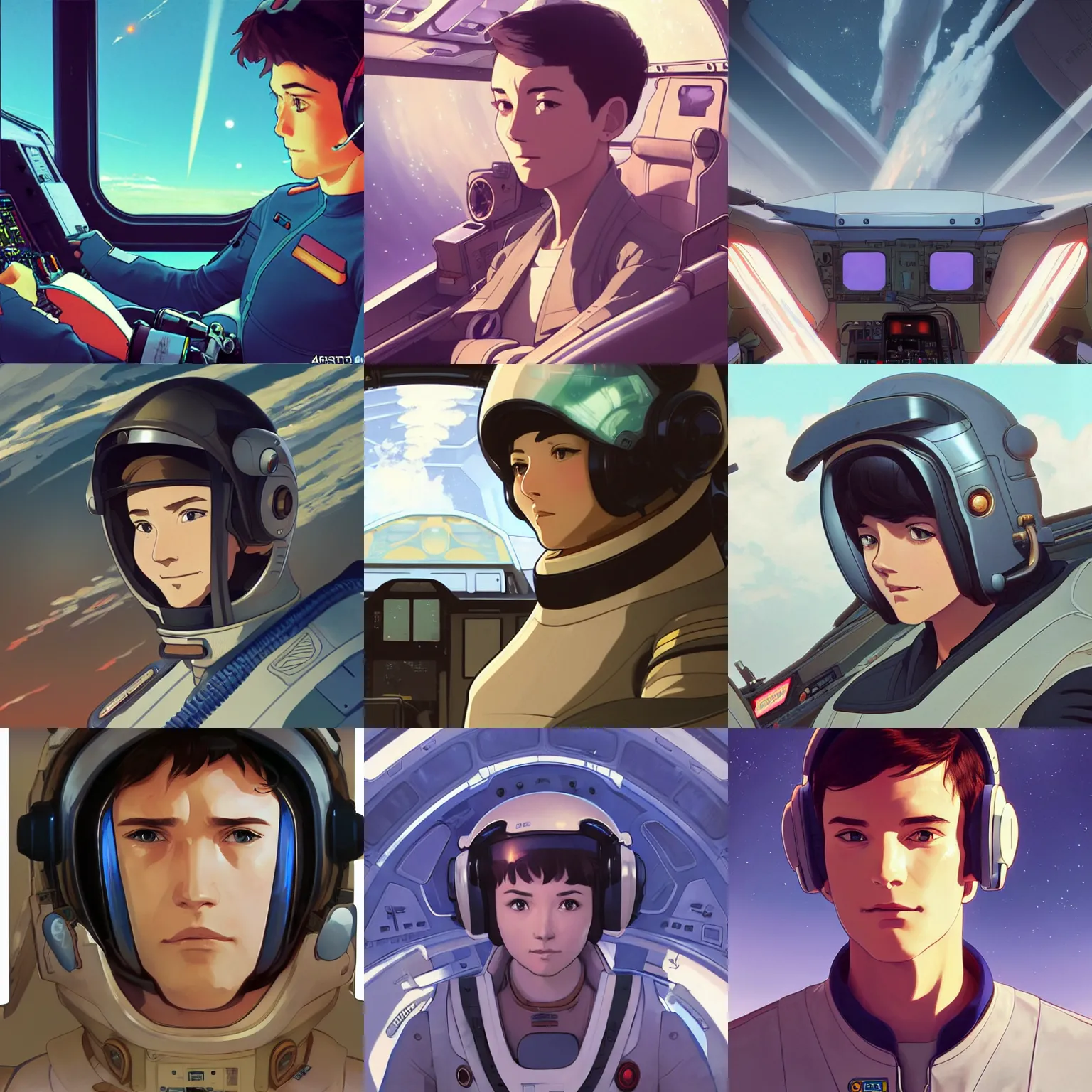 Prompt: Character portrait of a starship pilot sitting in his cockpit, highly detailed, digital painting, artstation, concept art, smooth, sharp focus, Studio Ghibli anime screenshot, art by Artgerm and Alphonse Mucha and Ilya Kuvshinov