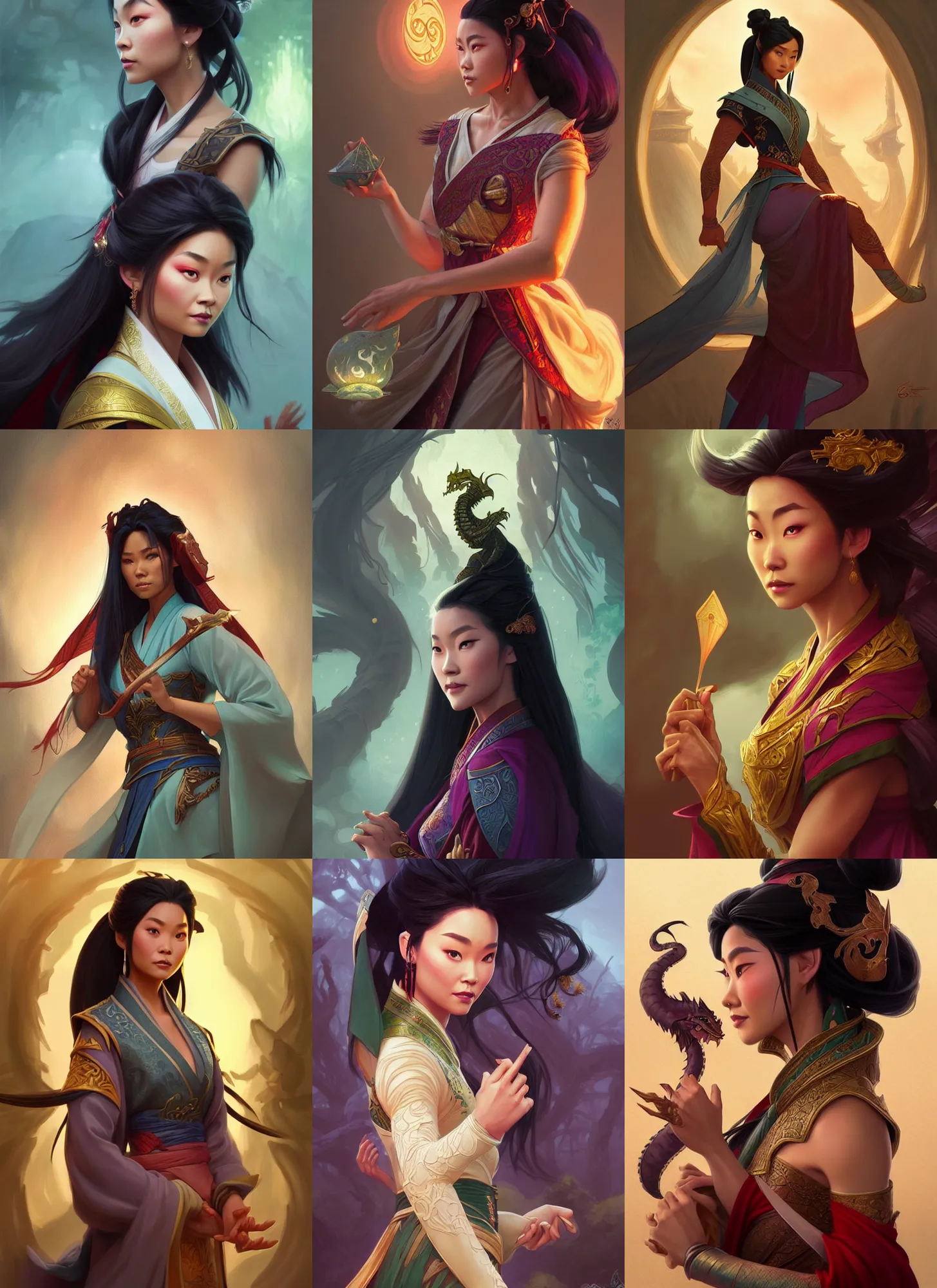 Prompt: characters from raya and the last dragon combined with mulan, fantasy, intricate, elegant, highly detailed, digital painting, artstation, concept art, matte, sharp focus, illustration, hearthstone, art by artgerm and greg rutkowski and alphonse mucha