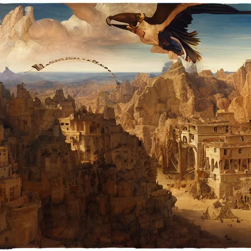 Image similar to masterpiece desert eagle soaring over bazaar of unholy goods, by Edgar Maxence and Ross Tran and Michael Whelan and Da Vinci and Caravaggio and J.M.W Turner and Brueghel intricate line drawings, unknwon intercession, detailed and beautiful intricate faces, 4k resolution