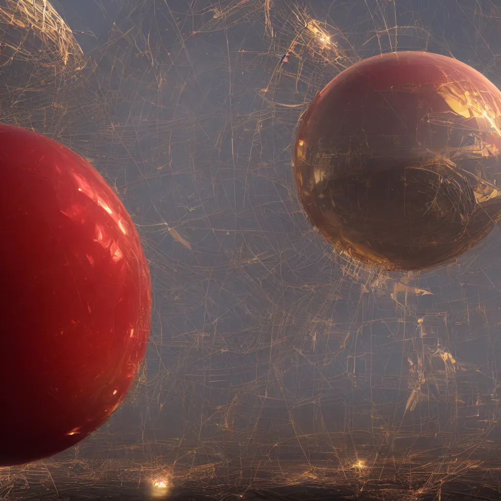 Image similar to a large translucent gold sphere with a red translucent sphere inside, the red sphere holds a city inside of it, photo realistic, 8k, octane rendered, highly detailed