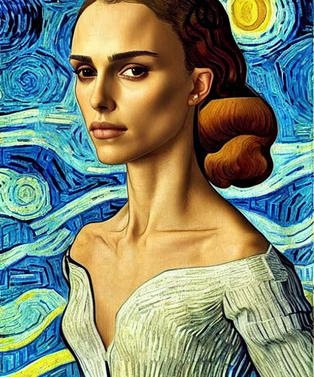 Prompt: half Nathalie portman half jessica alba portrait by Sandro Botticelli Van Gogh and Moebius , sci-fi, amber eyes, beautiful face, appealing long hair, fantasy, intricate, elegant, highly detailed, digital painting, artstation, concept art, smooth, sharp focus, oil painted illustration by Sandro Botticelli Van Gogh and Moebius