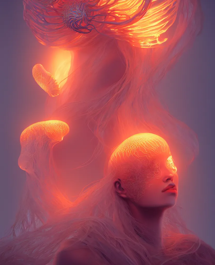 Image similar to goddess portrait. jellyfish phoenix head. intricate artwork by Tooth Wu and wlop and beeple. octane render, trending on artstation, greg rutkowski very coherent symmetrical artwork. cinematic, hyper realism, high detail, octane render, 8k