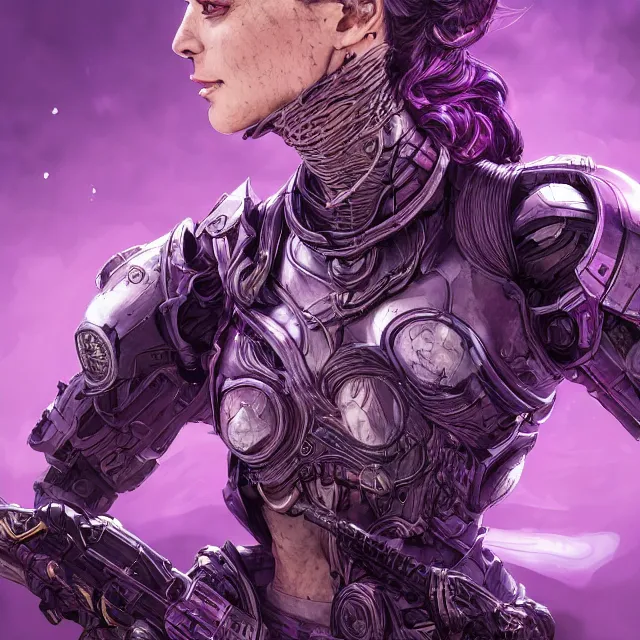 Image similar to facial portrait of a woman in powerful purple sci - fi armor with a black ponytail, elegant, stoic, intense, ultrafine hyperdetailed illustration by kim jung gi, irakli nadar, intricate linework, sharp focus, bright colors, octopath traveler, final fantasy, hearthstone, highly rendered, global illumination, radiant light, detailed, intricate environment