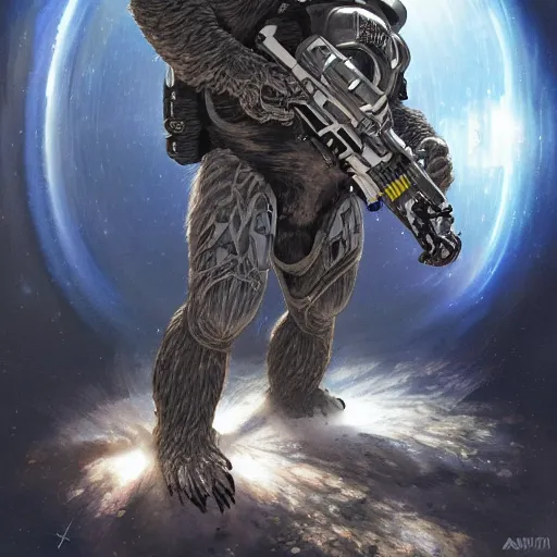 Image similar to detailed science - fiction character portrait of a silverback gorilla wearing a omnicolored armored space suit holding a space alien gun, intricate, wild, highly detailed, digital painting, artstation, concept art, smooth, sharp focus, illustration, art by artgerm and greg rutkowski and alphonse mucha