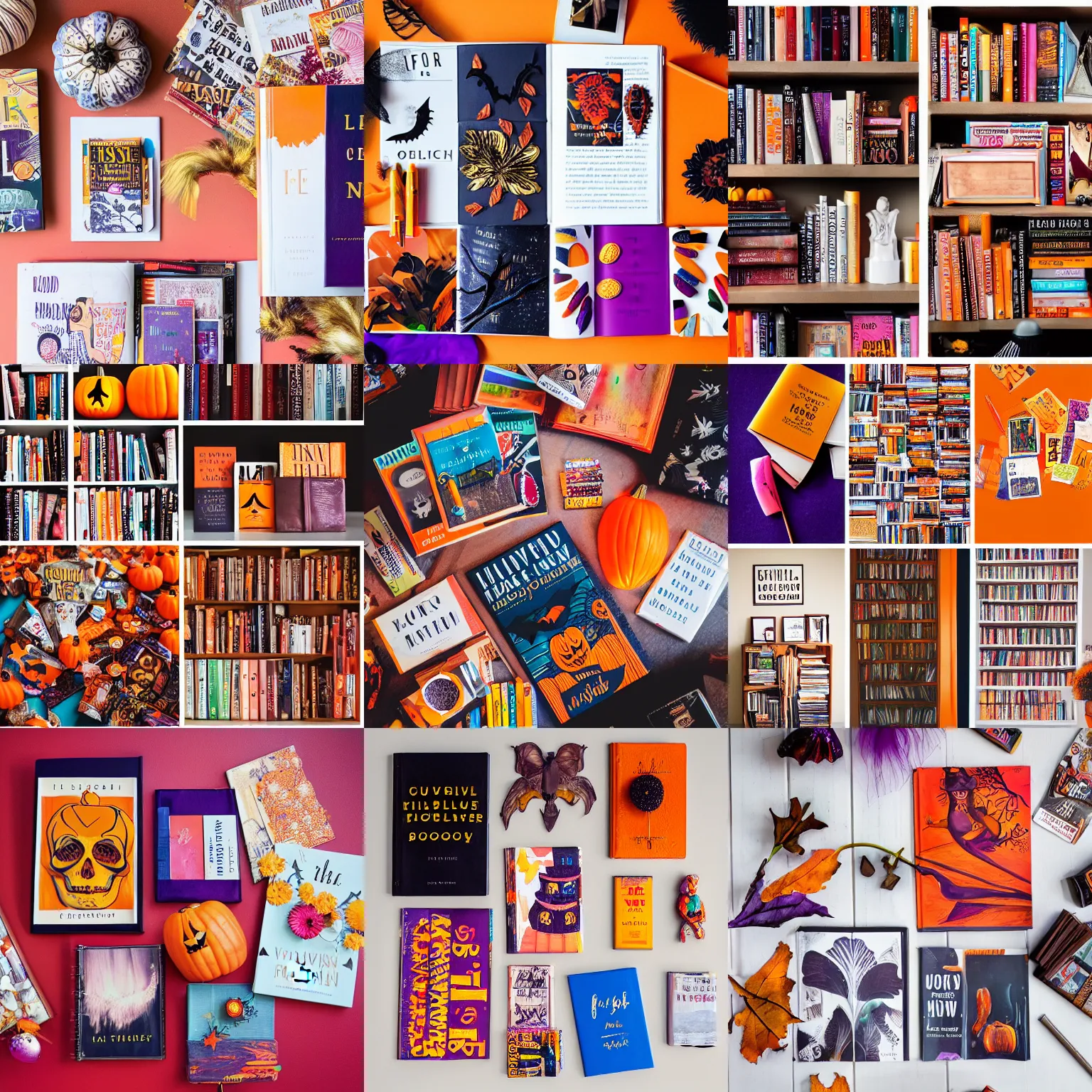 Prompt: flatlay book collection, vivid colors, dramatic lighting, halloween candy