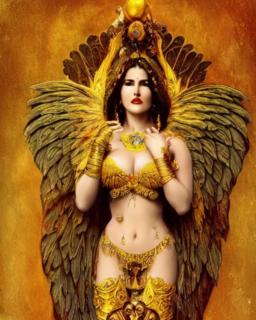 Prompt: concept art, sunny leone as an angel woman, beautiful, frank frazetta, ornate, art nouveau, symmetrical, gold jewelry, high contrast, unbiased render, Emil melmoth, eerie, haunting, victorian, 8k, octane render, style of Gustav Klimt, head and shoulders