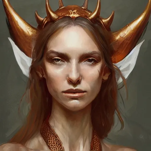 Prompt: A detailed oil portrait of an elf woman with small copper devil horns and copper scales covering her arm and neck wearing a simple white robe, by greg rutkowski, trending on artstation, dungeon and dragons art