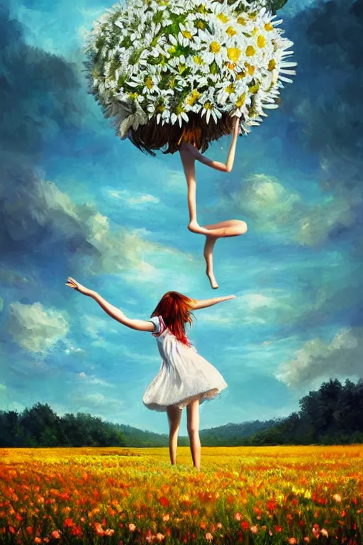 Prompt: giant white daisy flower head, girl dancing in a flower field, surreal photography, sunrise, dramatic light, impressionist painting, colorful clouds, digital painting, artstation, simon stalenhag