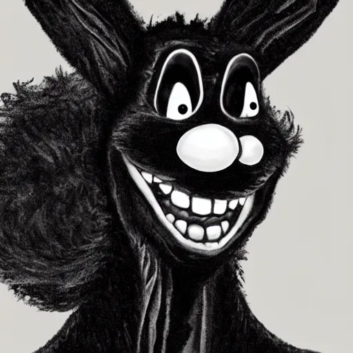 Image similar to A extremely highly detailed majestic hi-res beautiful, highly detailed head and shoulders portrait of a scary terrifying, horrifying, still of a creepy black cartoon rabbit in eraserhead with scary big eyes, earing a shirt laughing, hey buddy, let's be friends, in the style of Walt Disney animation