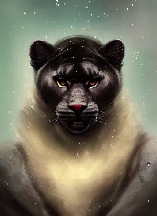 Prompt: aesthetic portrait commission of a of a male fully furry anthro panther made of abstract soap bubbles, winter atmosphere, by otto marseus van schriek rachel ruyschwith a tail and a beautiful attractive hyperdetailed face. character design by charlie bowater, ross tran, artgerm, detailed, inked, award winning film poster painting