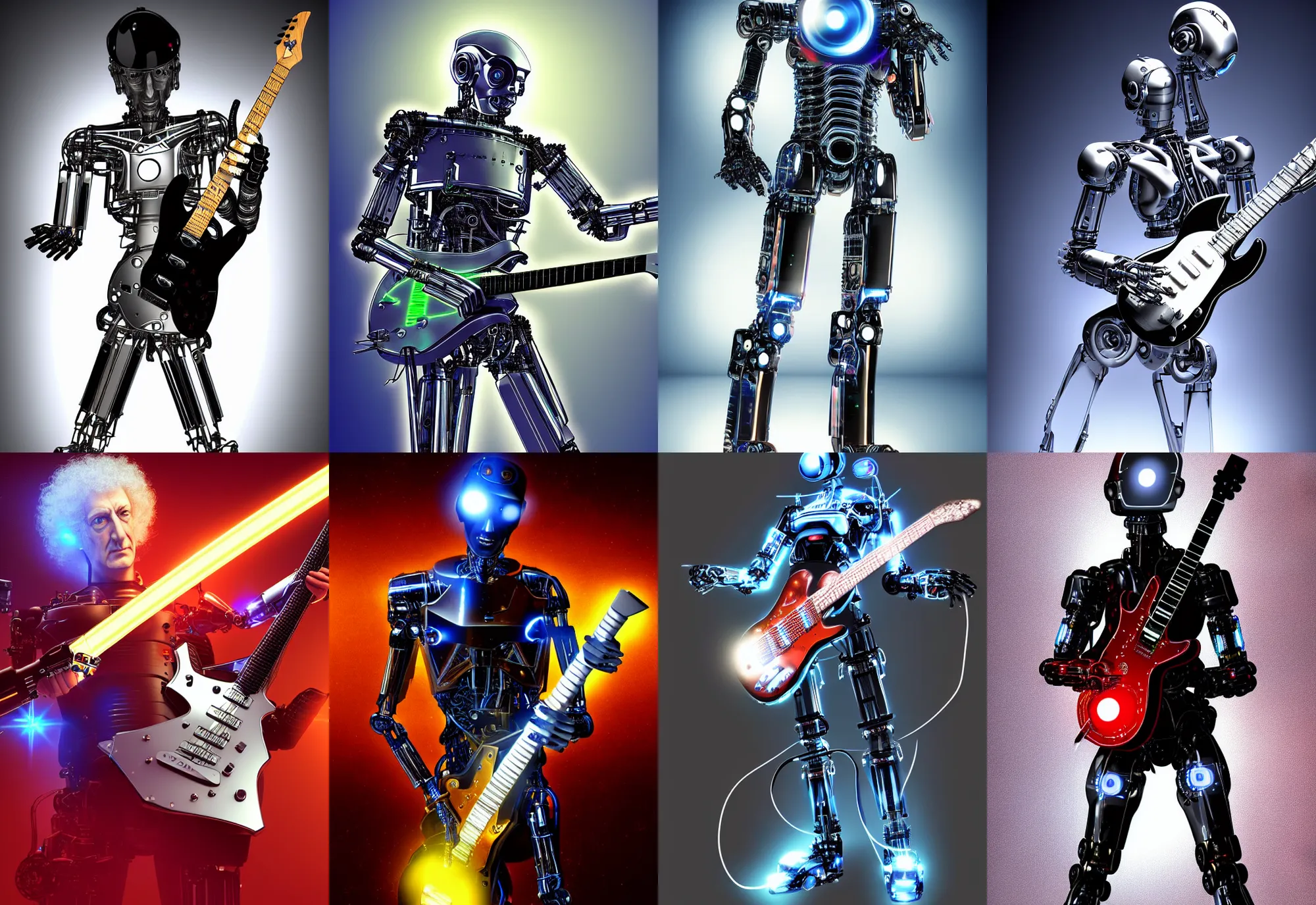 Prompt: a cybernetic cyborg robot android ( ( ( brian may ) ) ) holding an electric guitar, leds, chrome, science fiction, concept art, atmospheric, volumetric light, very realistic, highly detailed digital art