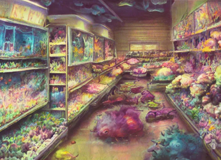 Image similar to clean impasto bright cheery placid pastel deep cozy moody cluttered painterly fluffy tiny cramped live pet store, aisles of aquariums, slanted ceiling, tiny space, particulate, trending on pixiv