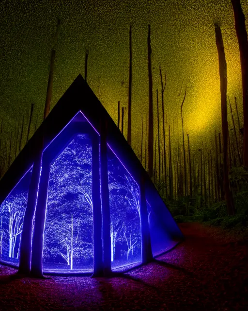 Prompt: building by diebedo francis kere, at night thermal vision rainforest lightpaint at dusk thermal imaging reclaimed by nature laser fisheye darkacademia forest myst hyperrealism, archdaily, wallpaper, highly detailed, trending on artstation.