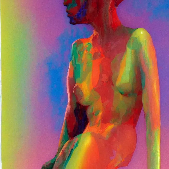 Image similar to colorful rainbow woman portrait in a translucent clothing made from plastic bag at store display, highly detailed, artstation, art by , edward hopper, zdislav beksinski, wayne barlowe