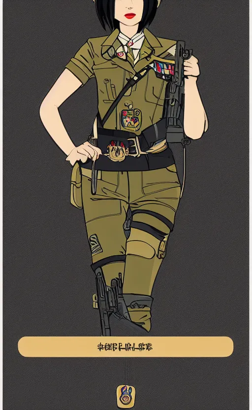 Image similar to patch design, girl, by kuvshinov ilya, concept art, trading card front, insignia, soldier clothing, military gear, vector line art