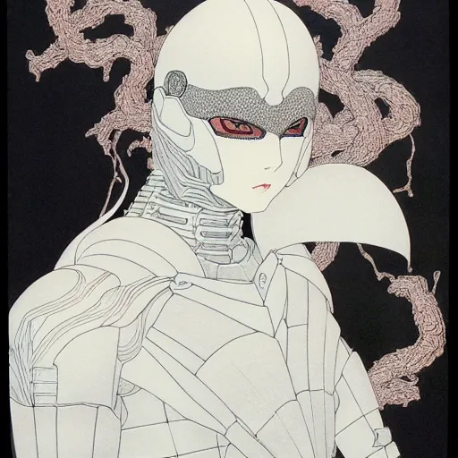 Image similar to prompt : black and white portrait soft light painted by takato yamamoto, enhanced armor, inspired by ghost in shell anime, smooth face feature, intricate oil painting, high detail, sharp high detail, manga and anime 1 9 8 0