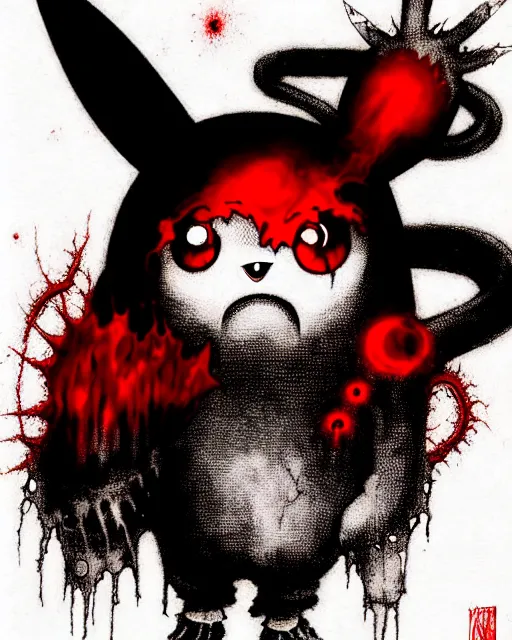 Prompt: disturbing grunge still of a lovecraftian demon infested pikachu in pokemon. horror colored ink art, by arthur adams, by tom bagshaw, by henry asencio, by kikuchi hideyuki, white, red, black, crimson and grey gradient color scheme