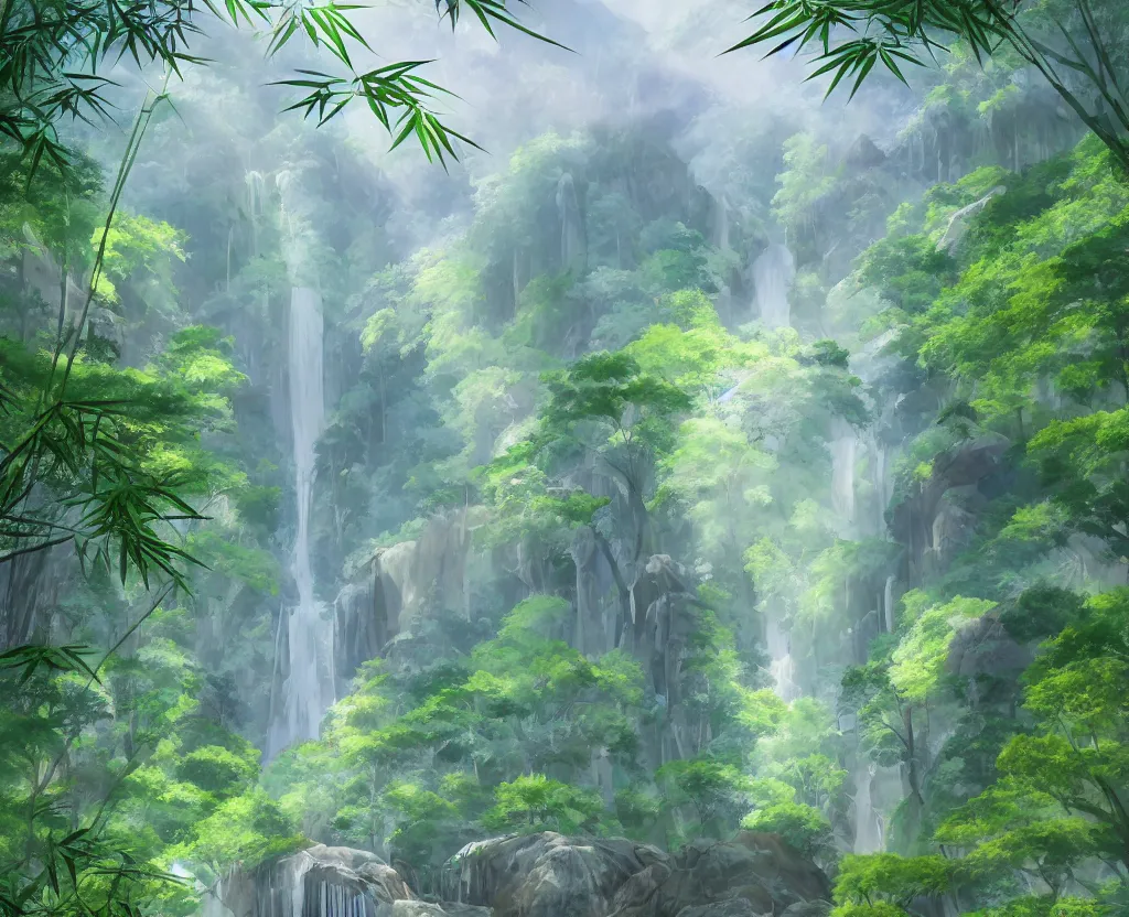 Image similar to misty japanese bamboo forest, cell shaded, huge waterfall, large rocky mountain, drawing, stylized anime, sun rays, soft, by hayao miyazaki, ghibli studio, makoto shinkai, toei animation, studio trigger, trending on artstation, 4 k, hd