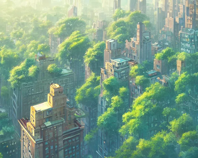 Image similar to a wholesome animation key shot of an overgrown New York covered in nature, overhead shot, wide shot, architecture, studio Ghibli, Pixar and Disney animation, sharp, very detailed, high resolution, inspired by Hayao Miyazaki, anime key art by Greg Rutkowski, Bloom, dramatic lighting