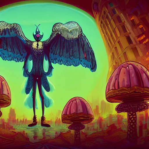 Image similar to 8K centered headshot Portrait of a psychedelic godlike mothman posing with a cigar with giant mandala wings smoking a hand-rolled cigarette smoking heavily , magic mushroom village in background , post-processing , award winning. superb resolution. in the art style of Satoshi Kon and Greg Rutkowski . Detailed Mushroom city in background. Hyper realistic anime. Perfect art. Dalle2