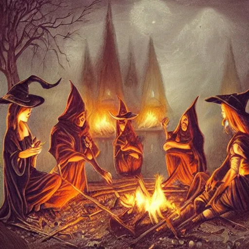 Image similar to witches around a fire, historical image, highly detailed, spooky, halloween, trending on artstation