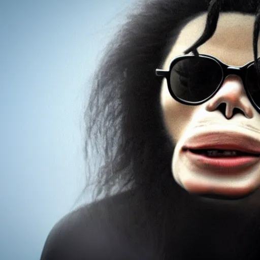 Image similar to michael jackson 2 0 0 9 wearing shades, alone, this is it style, photo real, pores, motion blur, sitting with bubbles the chimp window open, real life, spotted, ultra realistic face, accurate, 4 k, movie still, uhd, sharp, detailed, cinematic, render, modern